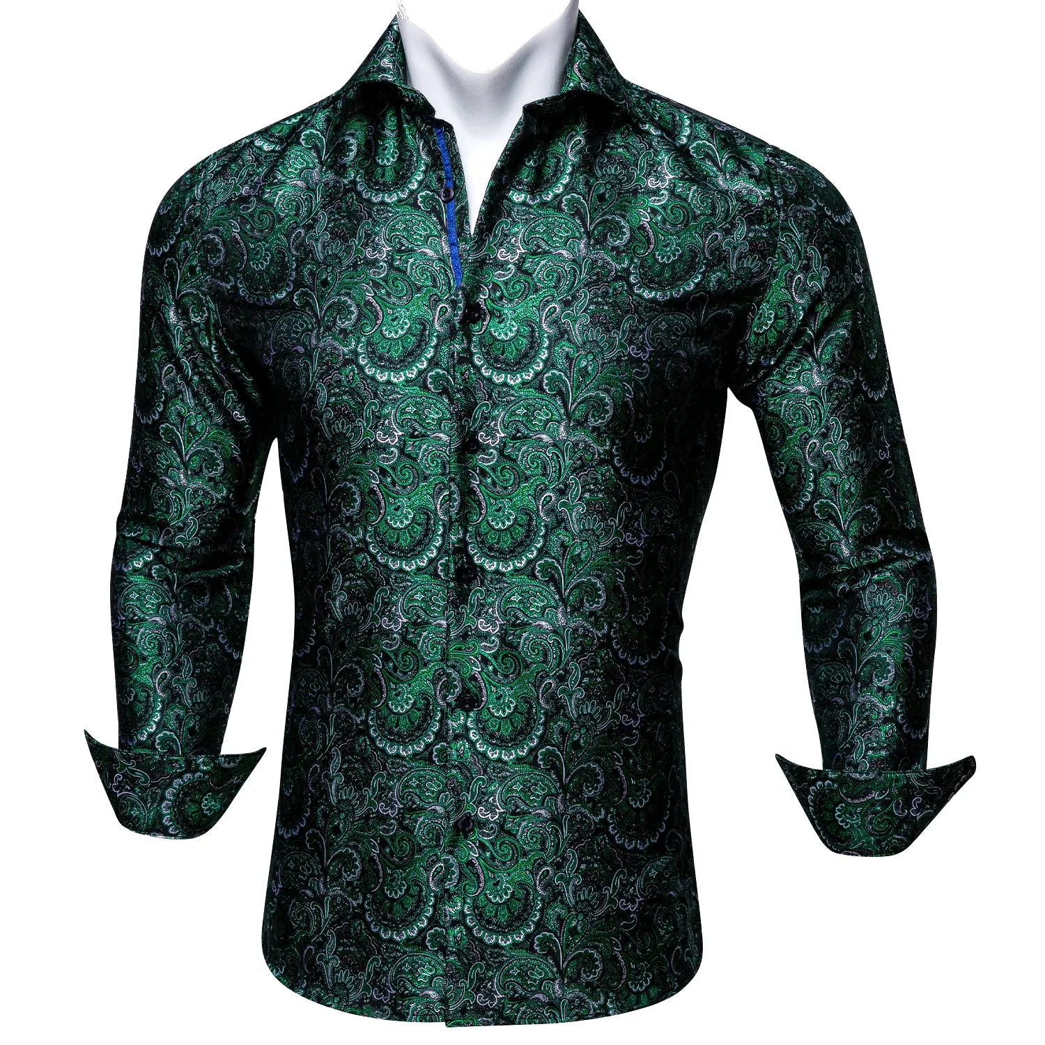 Barry. Wang Green Silk Paisley Tribal Long Sleeve Daily Slim Fit Men's Shirt sold by Barrywang product image thumbnail 4