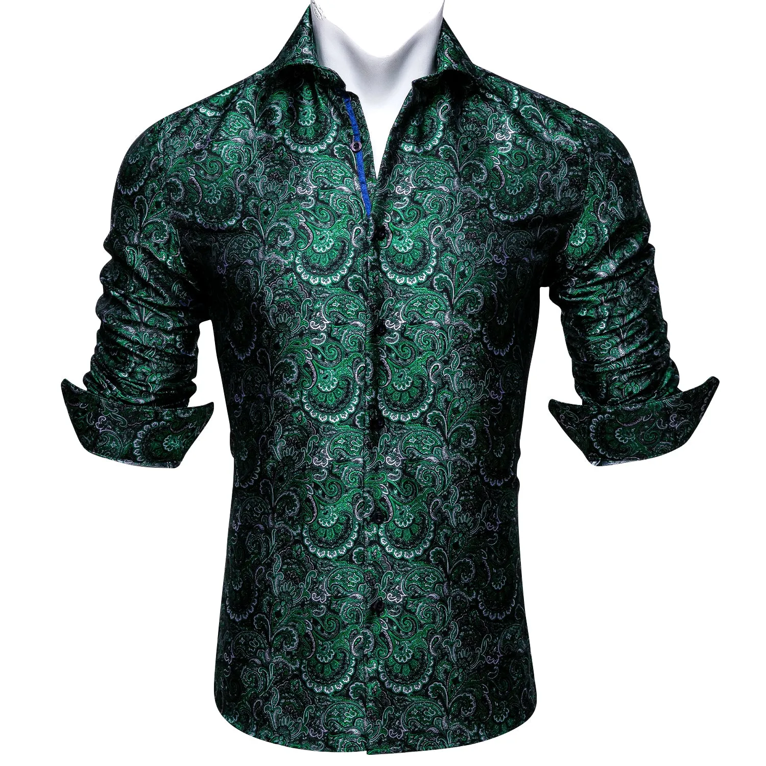 Barry. Wang Green Silk Paisley Tribal Long Sleeve Daily Slim Fit Men's Shirt sold by Barrywang product image thumbnail 5