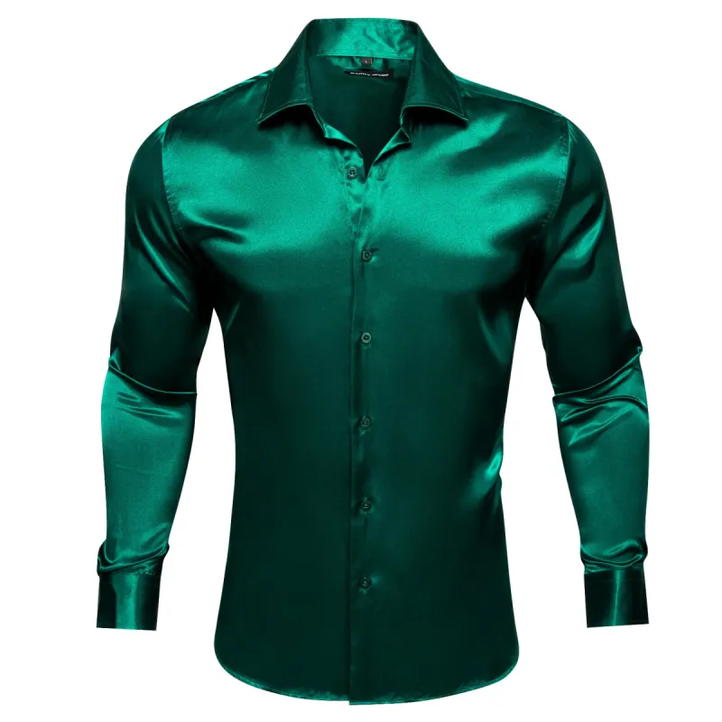 Barry. Wang Dark Green Shirt for Men Solid Silk Long Sleeve Shirt sold by Barrywang