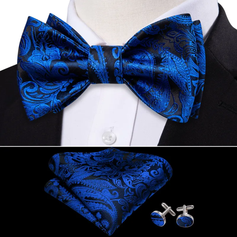 Blue Black Paisley Silk Bow Tie Hanky Cufflinks Set sold by Barrywang