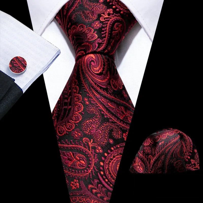 Barry Wang Necktie True Red Paisley Silk Tie Handkerchief Cufflinks Set sold by Barrywang