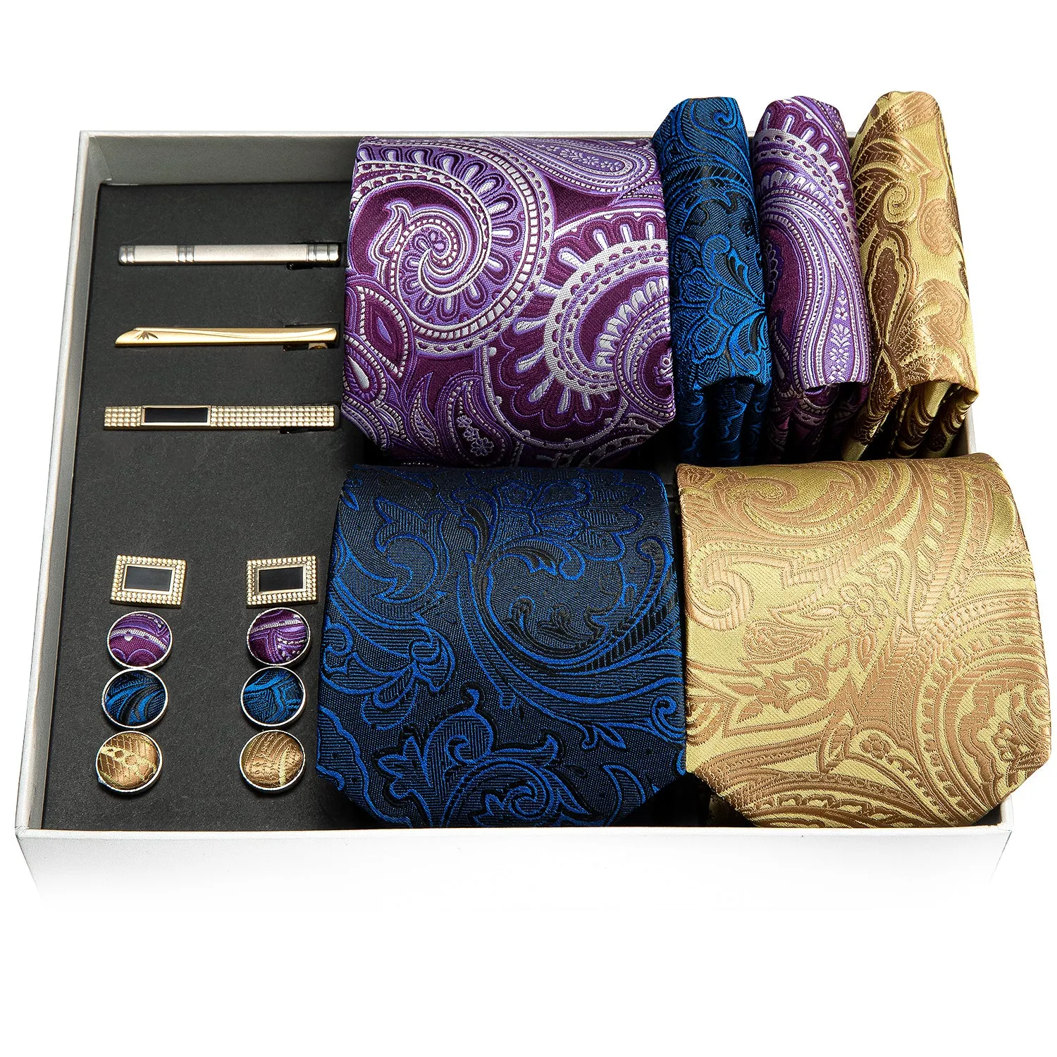 Barry. Wang Purple Yellow Blue Paisley Silk Wedding Necktie Pocket Square Gift Box Set sold by Barrywang