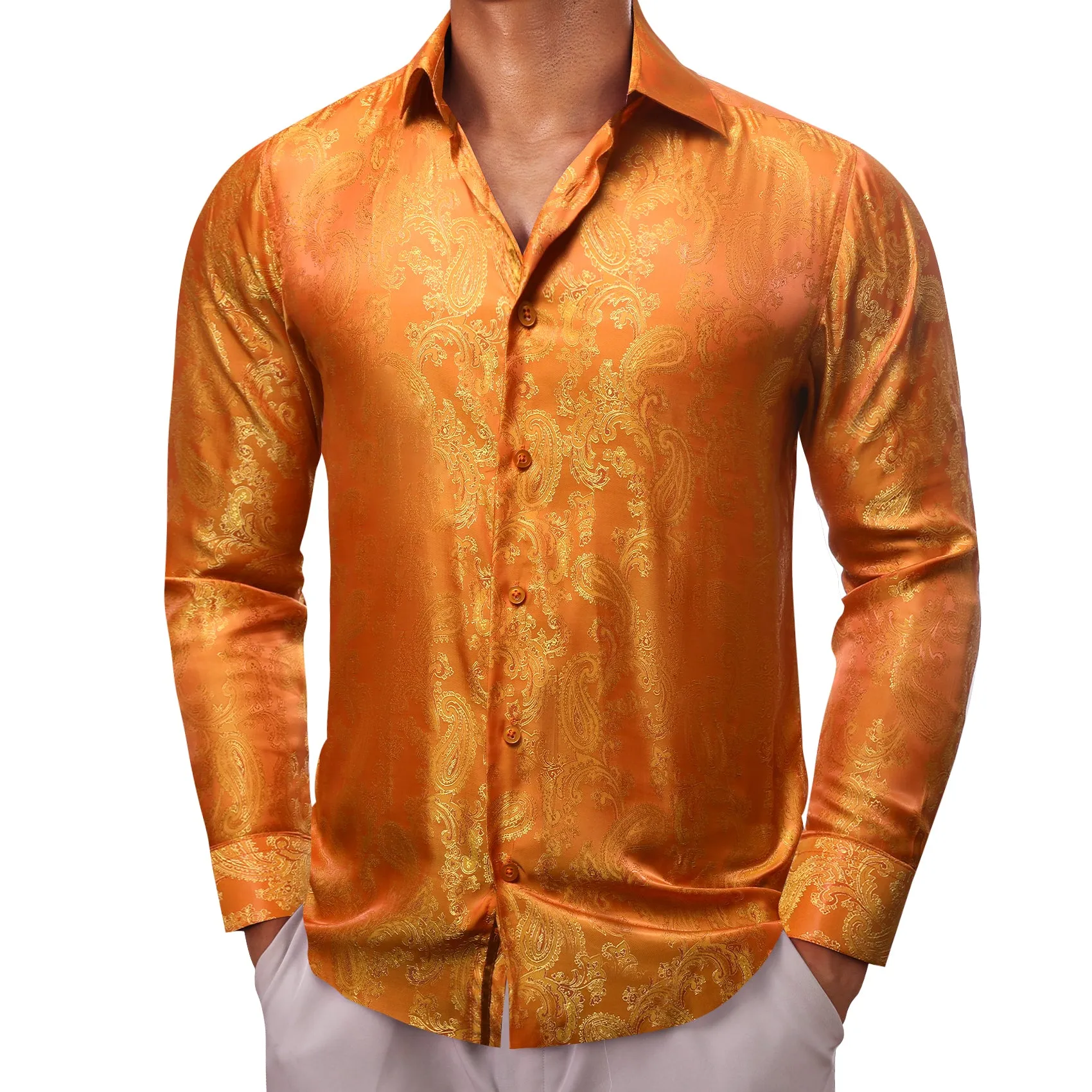 Barry Wang Long Sleeve Shirt Dark Orange Paisley Silk Shirts for Men sold by Barrywang product image thumbnail 5