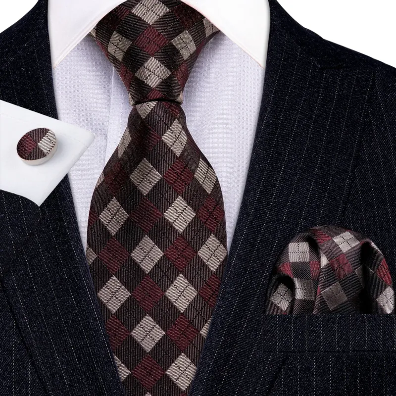 Barry Wang Checkered Necktie Brown Plaid Silk Tie Hanky Cufflinks Set sold by Barrywang