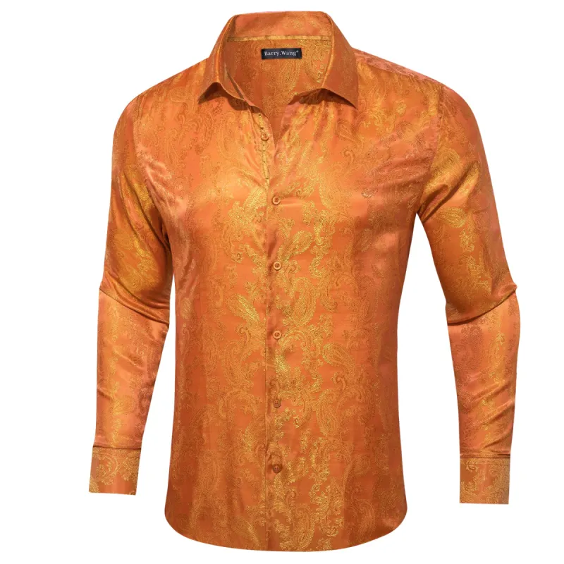 Barry Wang Long Sleeve Shirt Dark Orange Paisley Silk Shirts for Men sold by Barrywang