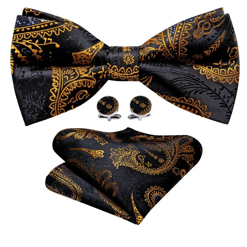 Barry Wang Beautiful Black Gold Paisley Bow Tie Hanky Cufflinks Set sold by Barrywang
