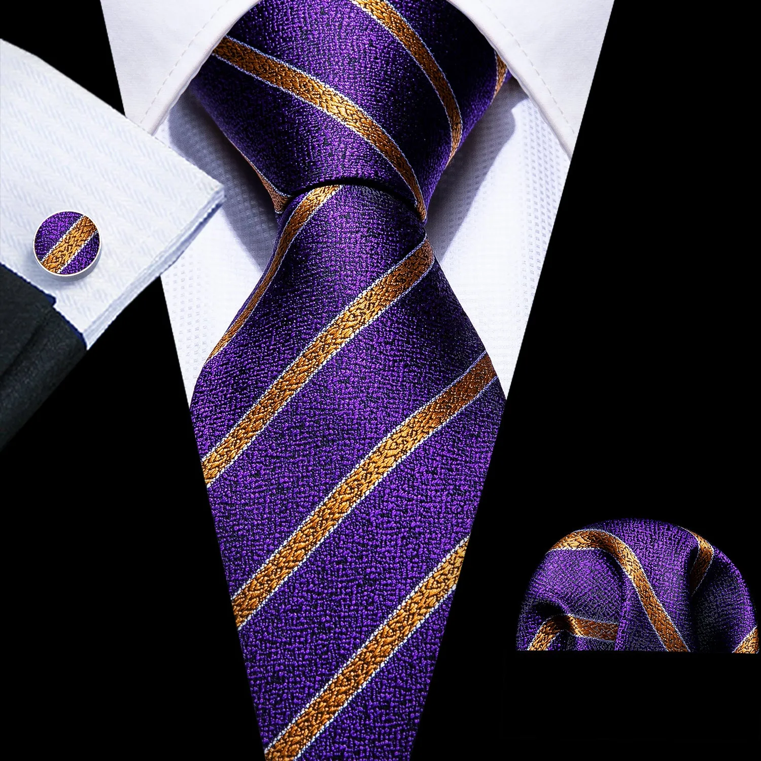 Barry. Wang 4PCS Purple Golden Striped Tie Hanky Cufflinks Tie Clip Set sold by Barrywang product image thumbnail 2