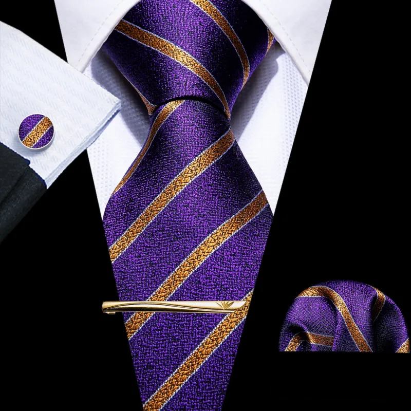 Barry. Wang 4PCS Purple Golden Striped Tie Hanky Cufflinks Tie Clip Set sold by Barrywang