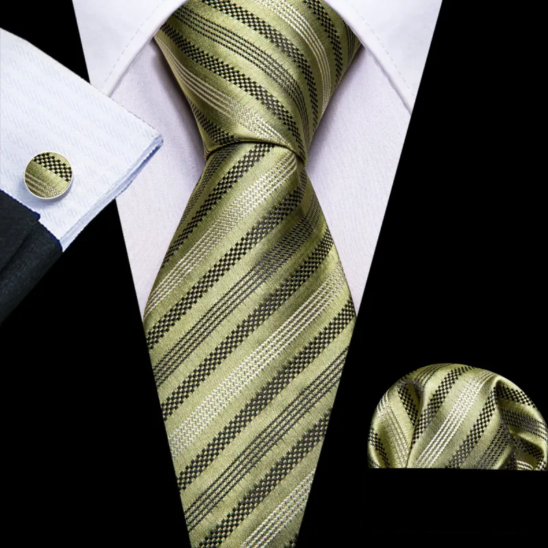 Barry.Wang Olive Tie Black Striped Silk Tie Pocket Square Cufflinks Set sold by Barrywang