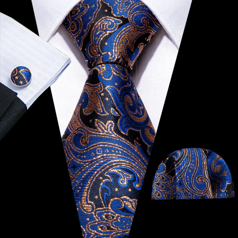 Barry Wang Blue Tie Gold Paisley Silk Tie Handkerchief Cufflinks Set sold by Barrywang