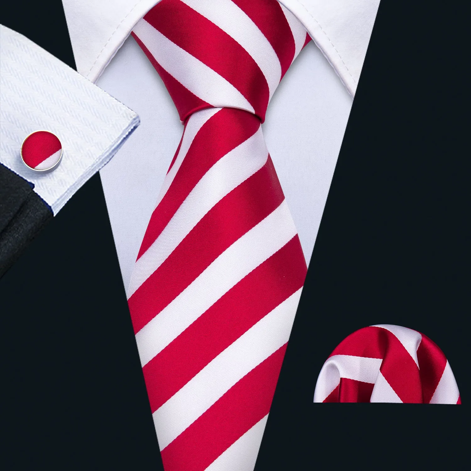 Barry. Wang Mens Red White Striped Silk Tie Pocket Square Cufflinks Set sold by Barrywang product image thumbnail 3