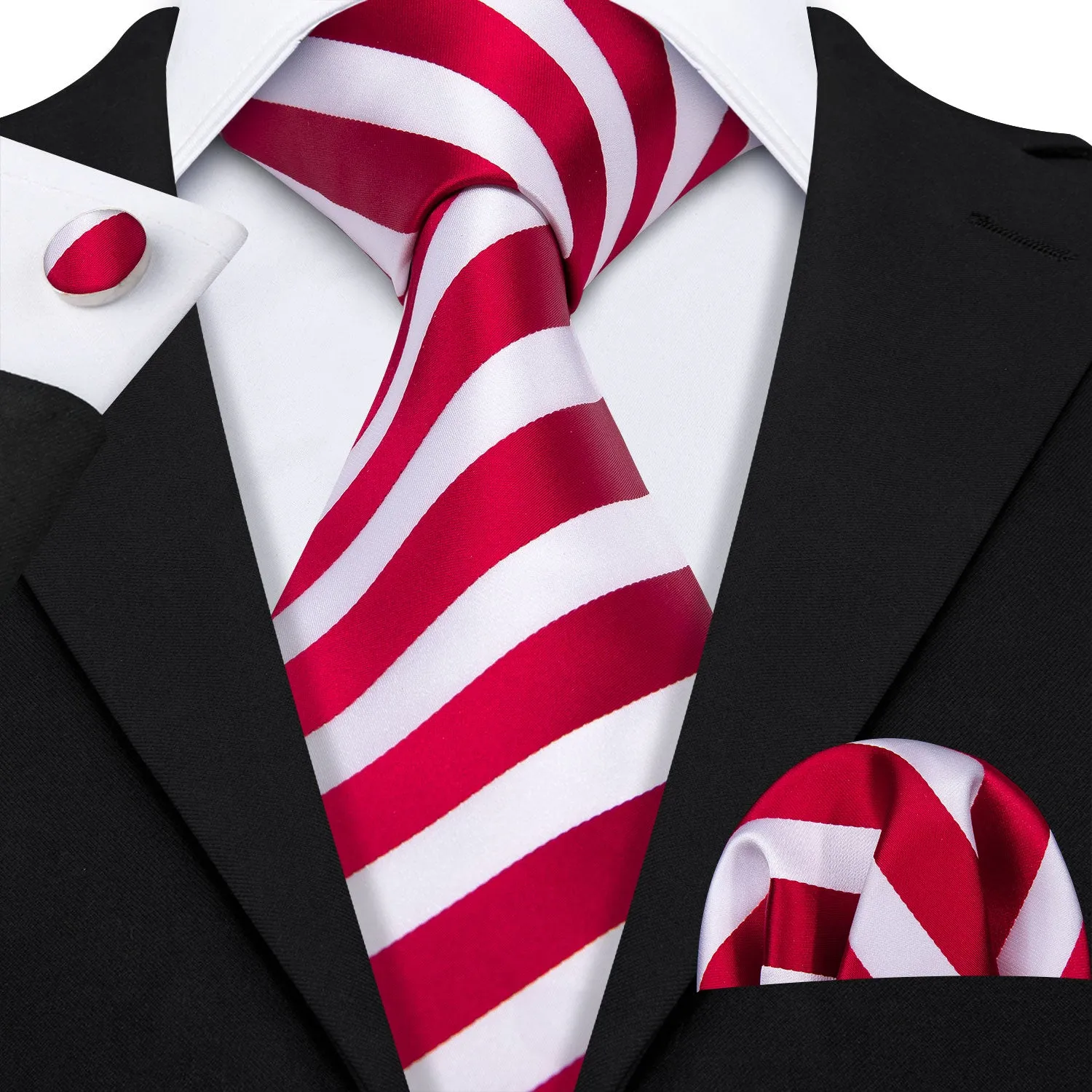 Barry. Wang Mens Red White Striped Silk Tie Pocket Square Cufflinks Set sold by Barrywang