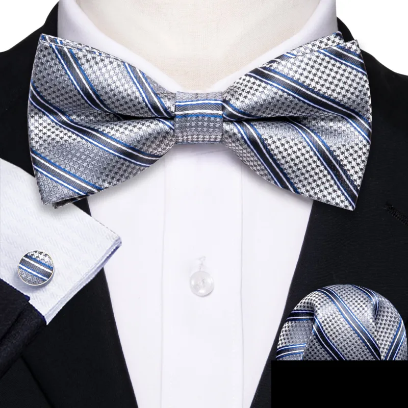 Silver Blue Striped Bow Tie sold by Barrywang