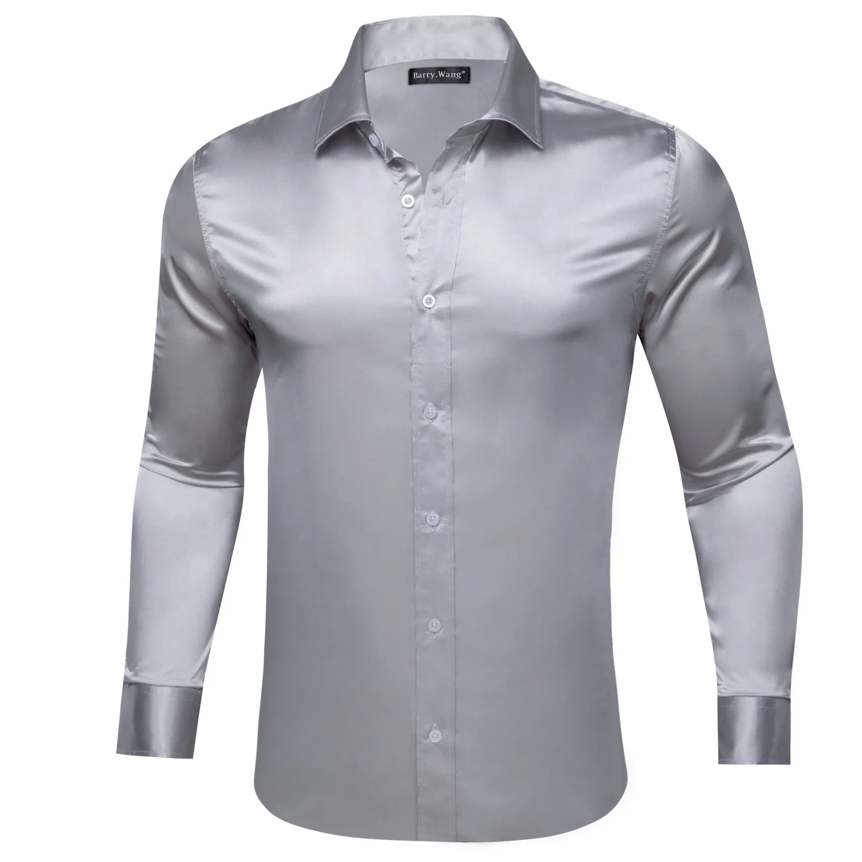 Barry.Wang Grey Shirt Solid Satin Dress Shirt Men's Long Sleeve Top sold by Barrywang
