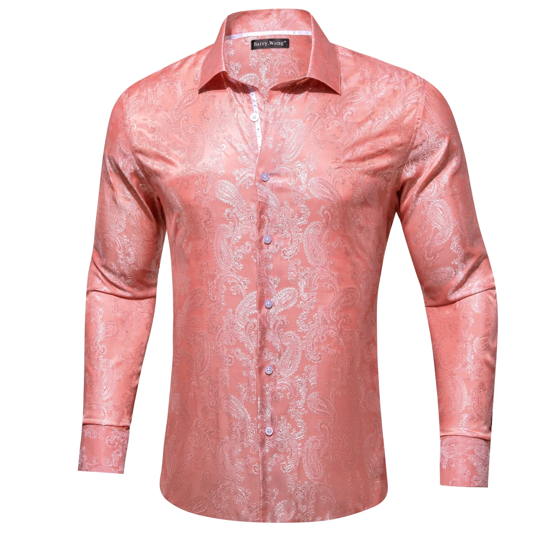 Barry Wang Pink Paisley Shirt Light Coral Silk Men's Button Up Shirt sold by Barrywang