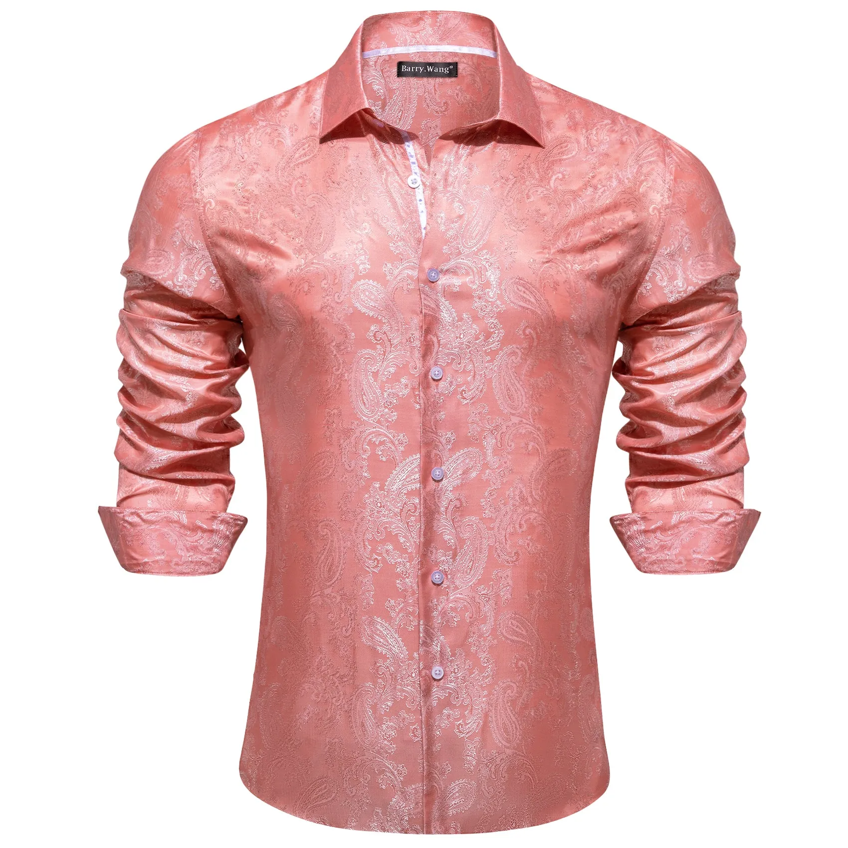 Barry Wang Pink Paisley Shirt Light Coral Silk Men's Button Up Shirt sold by Barrywang product image thumbnail 3