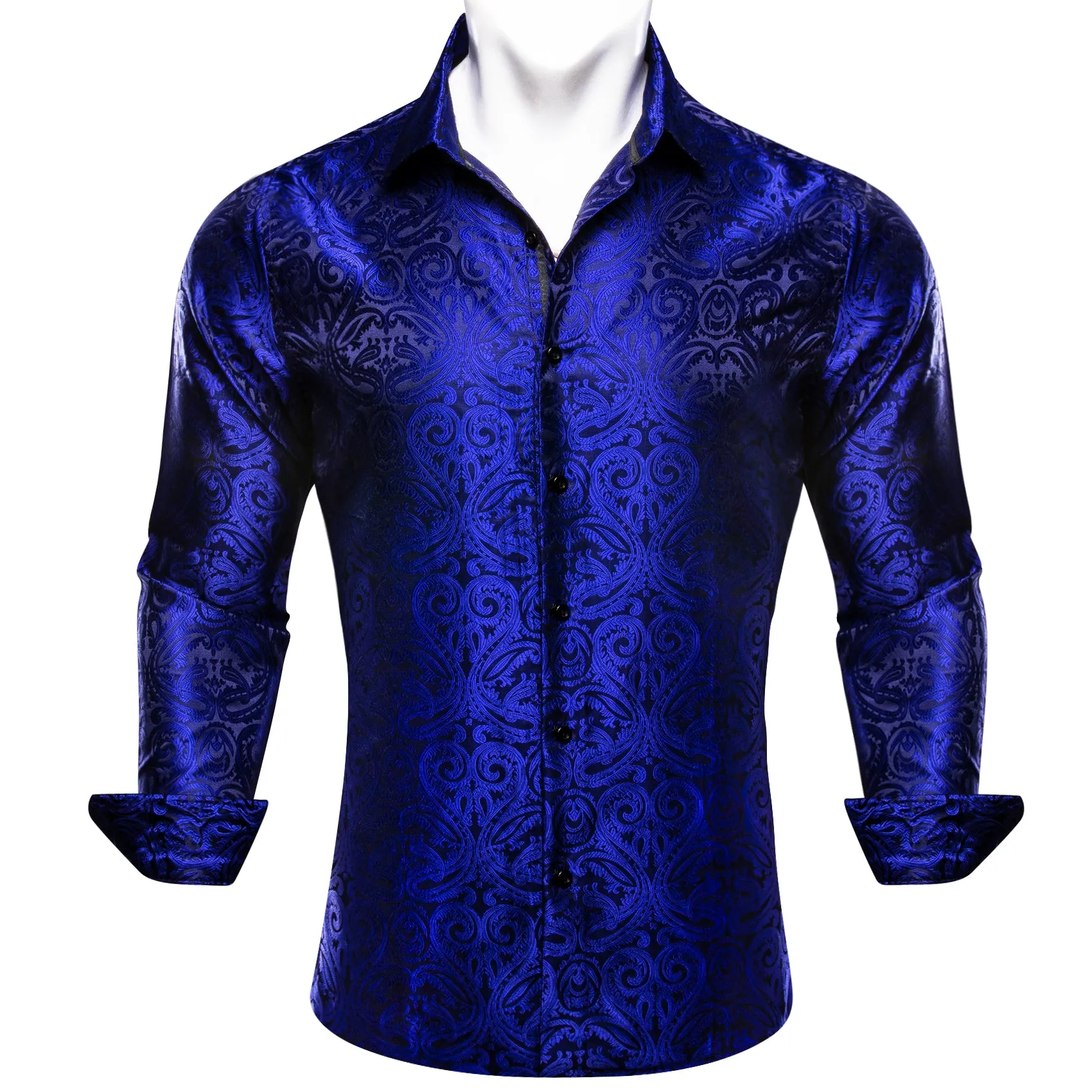 Barry. Wang Dark Blue Shirt Salvia Blue Paisley Men's Silk Dinner Shirt sold by Barrywang product image thumbnail 4