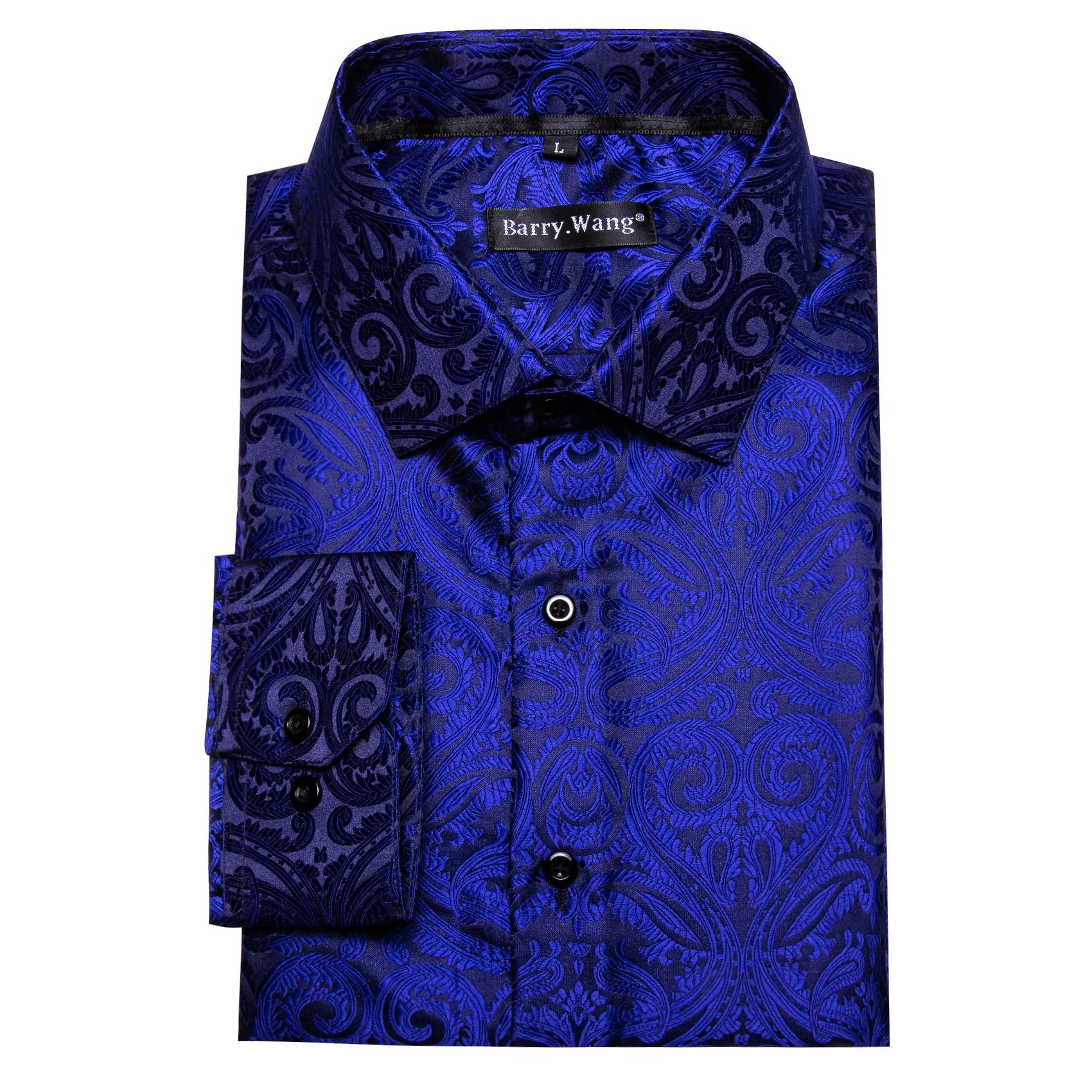 Barry. Wang Dark Blue Shirt Salvia Blue Paisley Men's Silk Dinner Shirt sold by Barrywang product image thumbnail 5