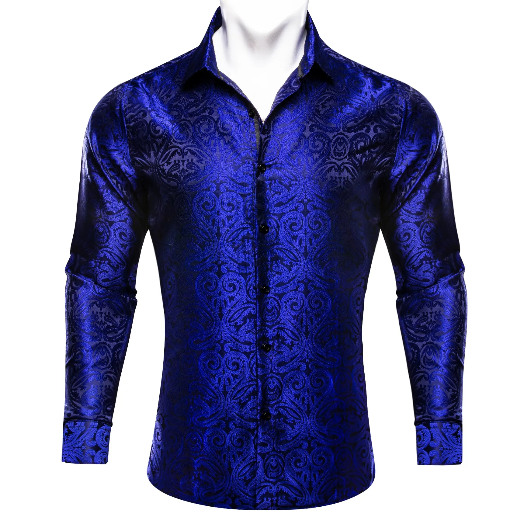 Barry. Wang Dark Blue Shirt Salvia Blue Paisley Men's Silk Dinner Shirt sold by Barrywang