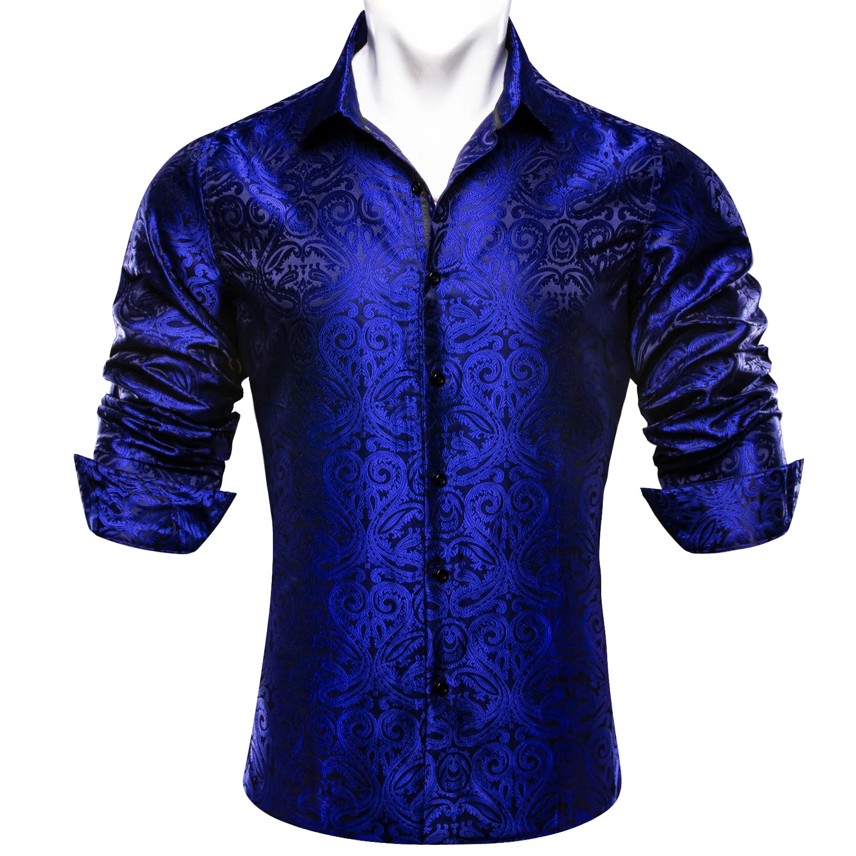 Barry. Wang Dark Blue Shirt Salvia Blue Paisley Men's Silk Dinner Shirt sold by Barrywang product image thumbnail 3
