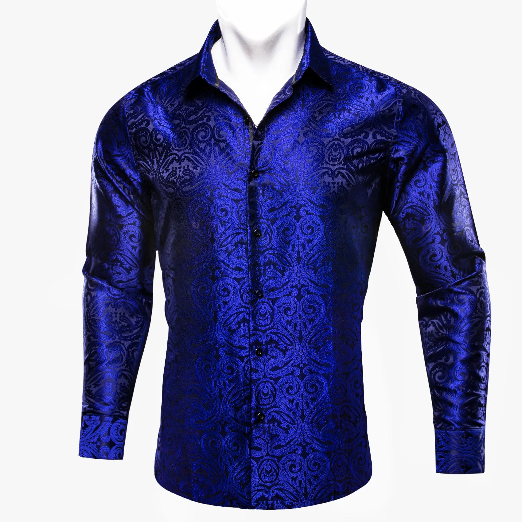 Barry. Wang Dark Blue Shirt Salvia Blue Paisley Men's Silk Dinner Shirt sold by Barrywang product image thumbnail 2