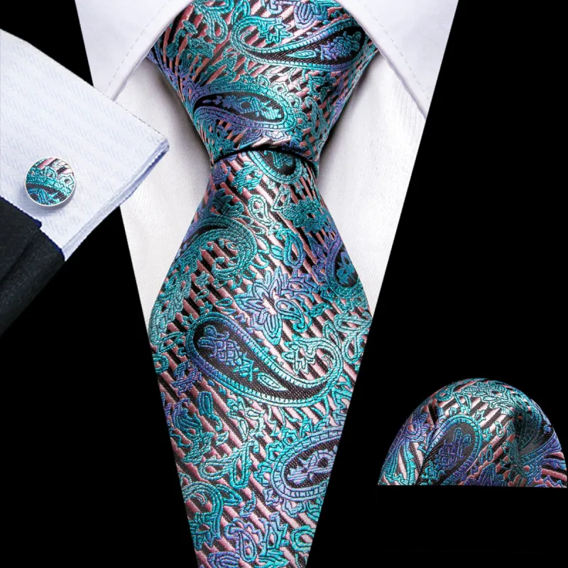 Barry Wang Shining Blue Purple Paisley Tie Handkerchief Cufflinks Set sold by Barrywang