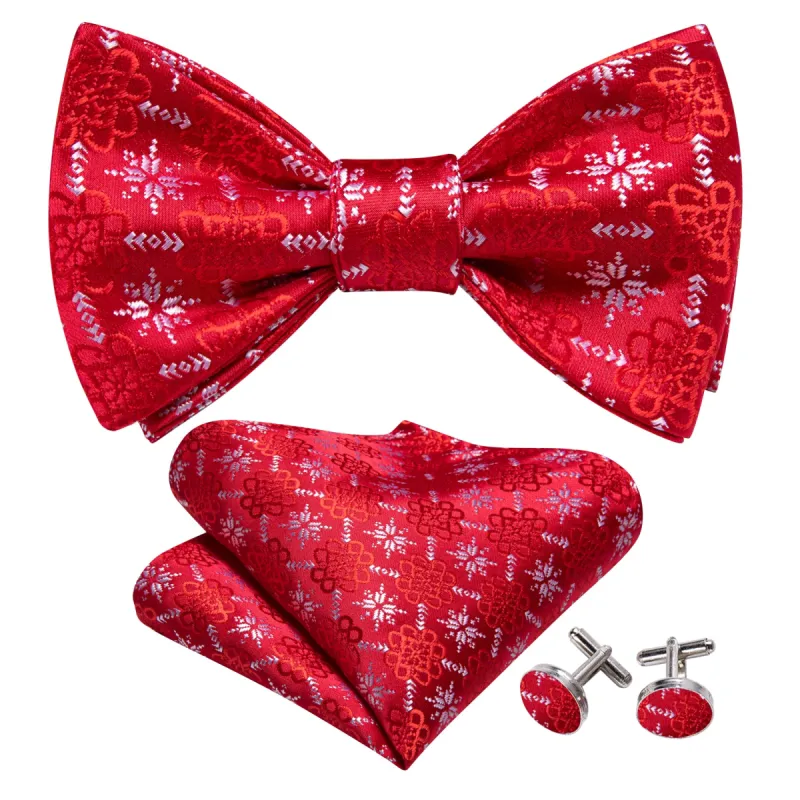Christmas Red White Snowflake Pattern Silk Self Tie Bow Tie Hanky Cufflinks Set made by Barrywang