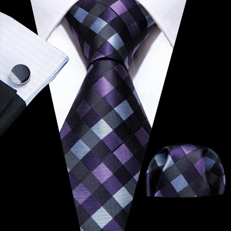 Barry Wang Men Black Purple Plaid Silk Tie Handkerchief Cufflinks Set sold by Barrywang