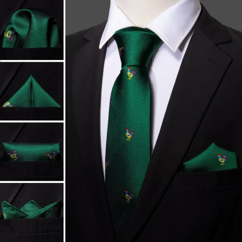 Barry. Wang Green Tie Novelty Rooster Pattern Necktie Hanky Cufflinks Set sold by Barrywang