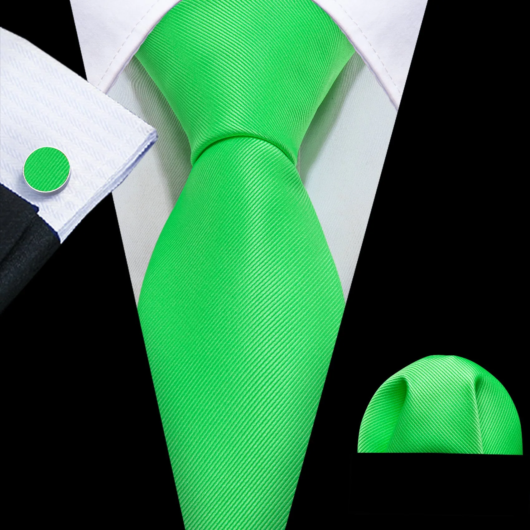 Barry Wang Bright Lime Green Solid Silk Tie Handkerchief Cufflinks Set sold by Barrywang