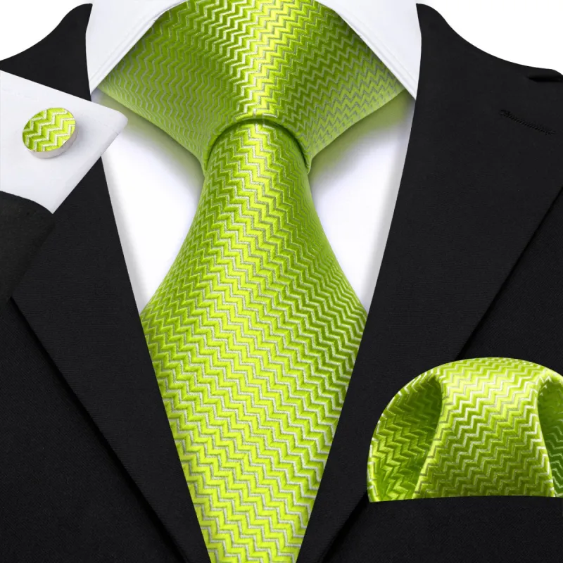 Barry Wang Citron Curve Silk 63" Extra Long Tie Hanky Cufflinks Set made by Barrywang