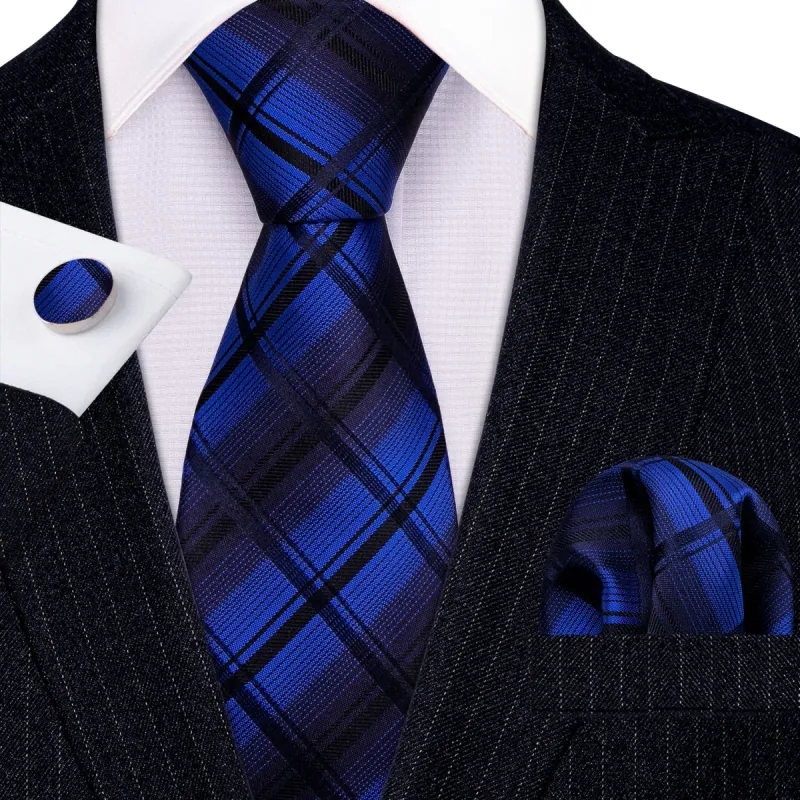 Barry Wang Checkered Tie Blue Black Plaid Silk Tie Hanky Cufflinks Set sold by Barrywang