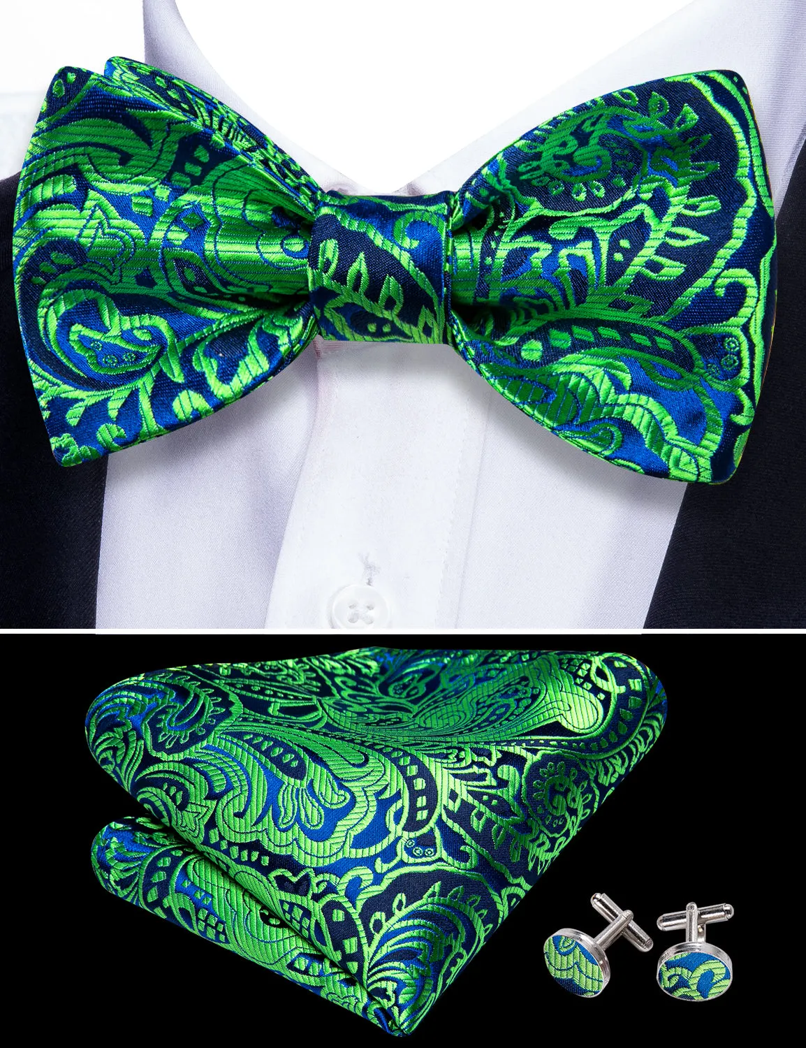 Barry. Wang Floral Tie Green Navy Paisley Bow Tie Hanky Cufflinks Set sold by Barrywang product image thumbnail 4