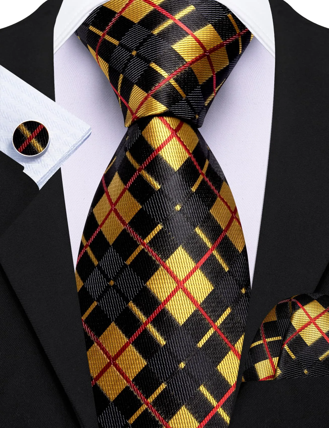 Barry. Wang Black Yellow Checkered Tie Red Lines Jacquard Men's Tie Set sold by Barrywang product image thumbnail 2
