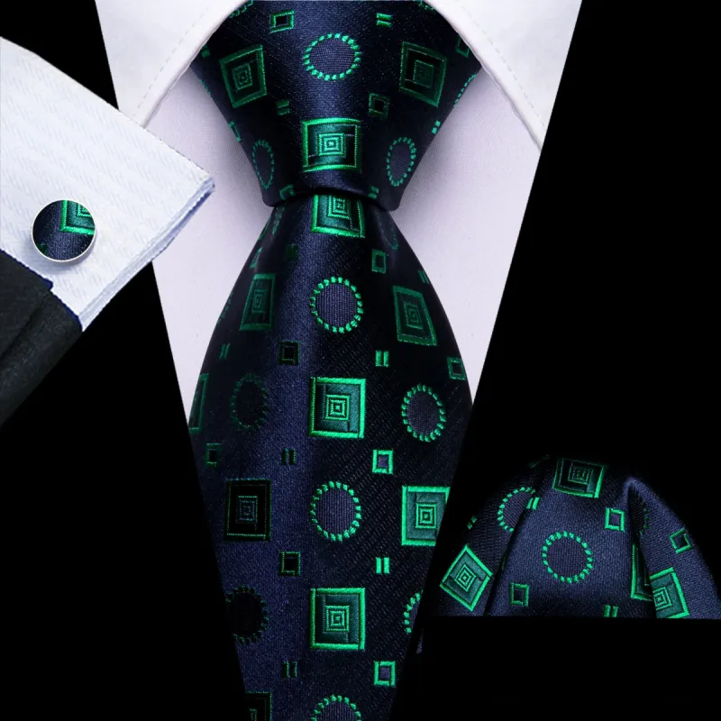 Barry Wang Blue Tie Light Green Jacquard Squares Novelty Necktie Set sold by Barrywang