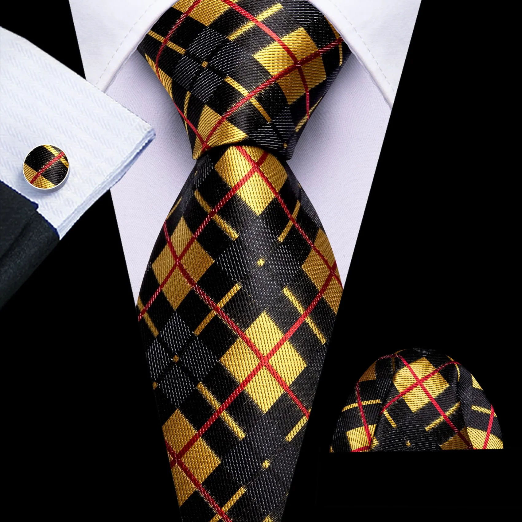 Barry. Wang Black Yellow Checkered Tie Red Lines Jacquard Men's Tie Set sold by Barrywang