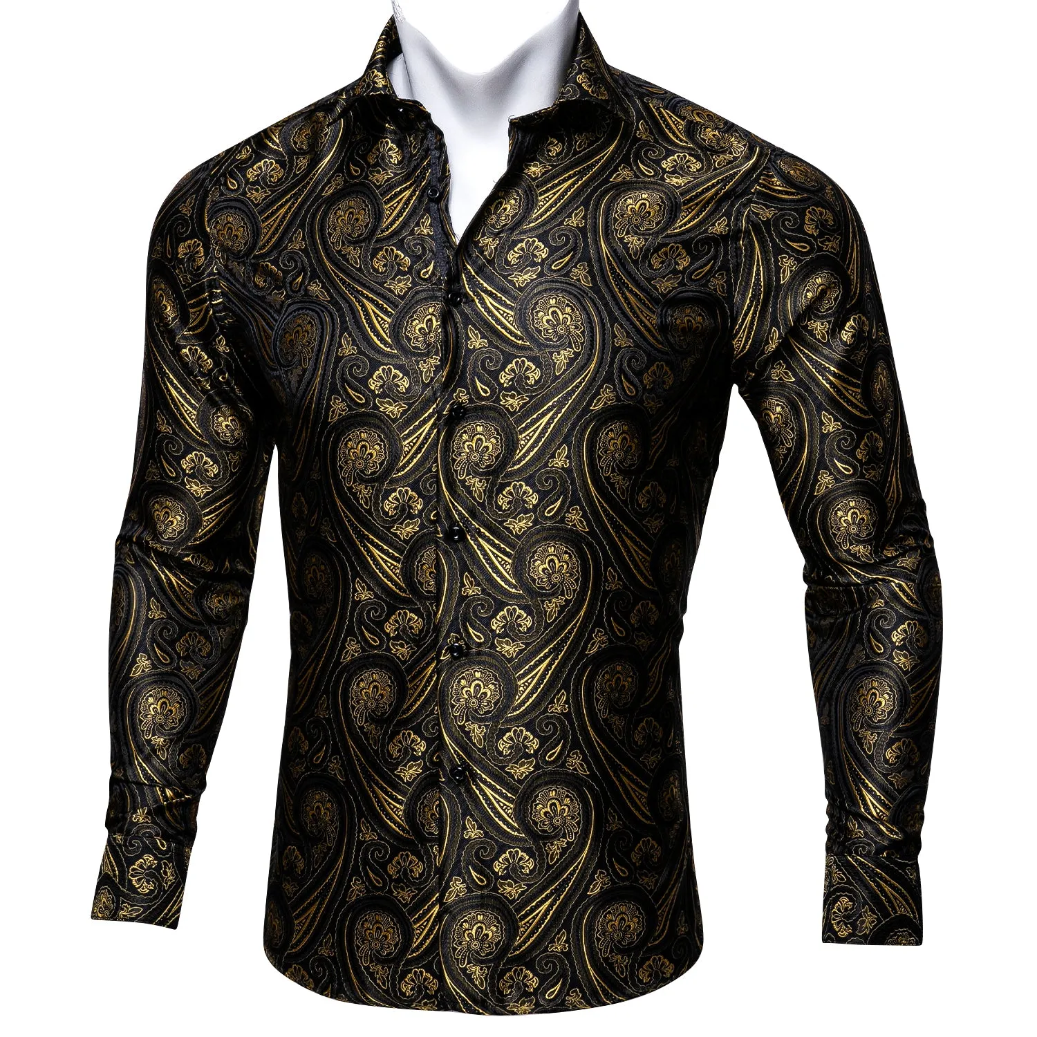 Barry Wang Shining Black Golden Paisley Tribal Long Sleeve Men's Shirt sold by Barrywang
