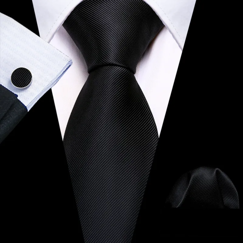 Barry. Wang Men's Tie Black Solid Silk Tie Handkerchief Cufflinks Set sold by Barrywang