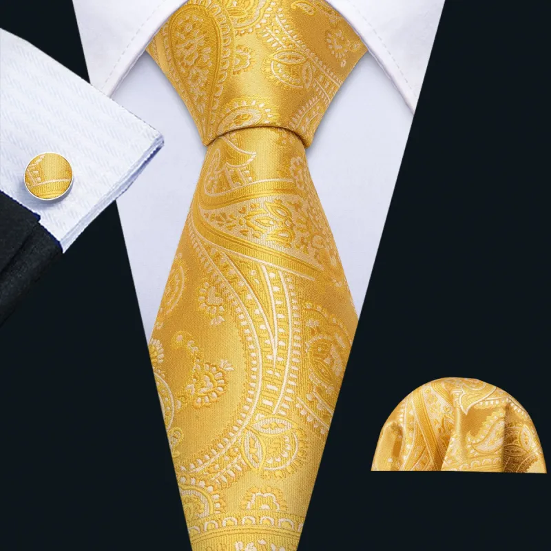 Barry. Wang Gold Tie Floral Silk Men's Tie Pocket Square Cufflinks Set sold by Barrywang