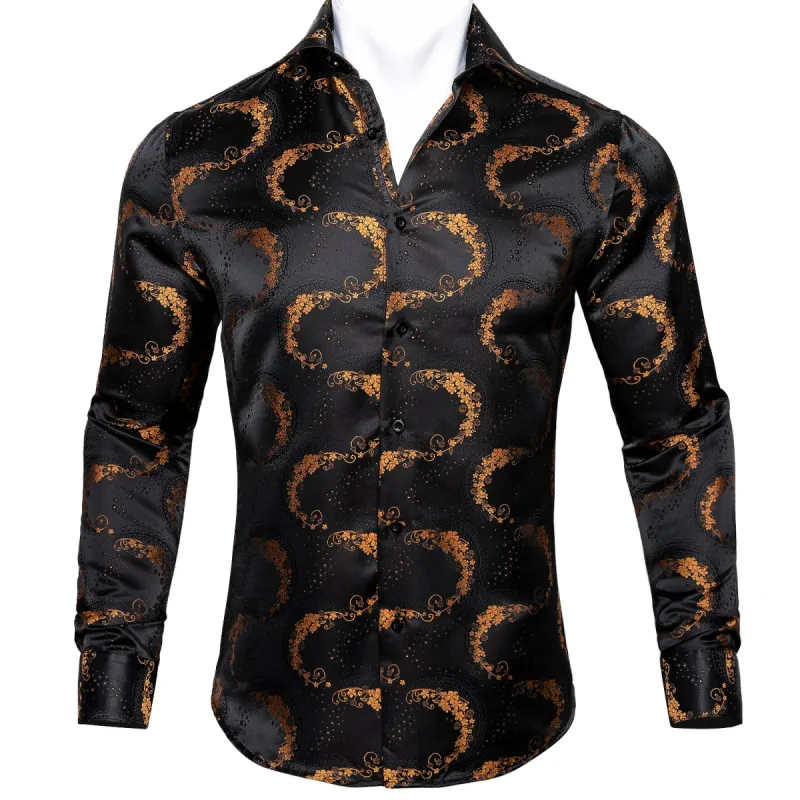 Barry.wang Men's Shirt Black Golden Floral Silk Floral Button Up Shirt sold by Barrywang