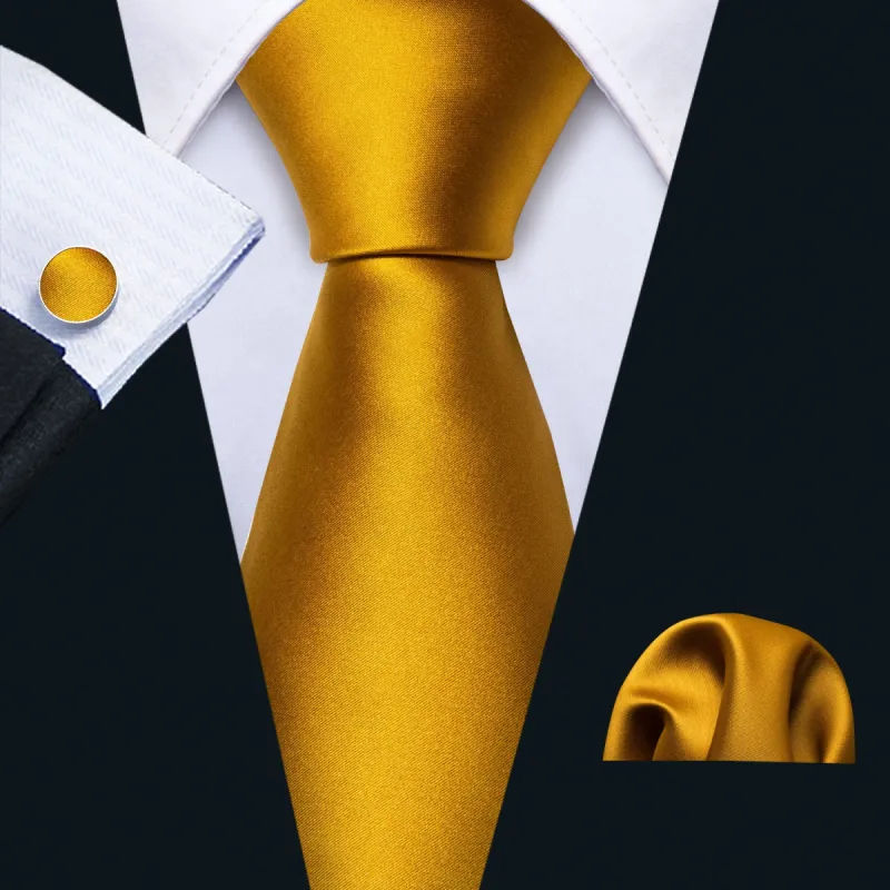 Barry Wang Men's Gold Necktie Solid Wedding Tie Hanky Cufflinks Set sold by Barrywang