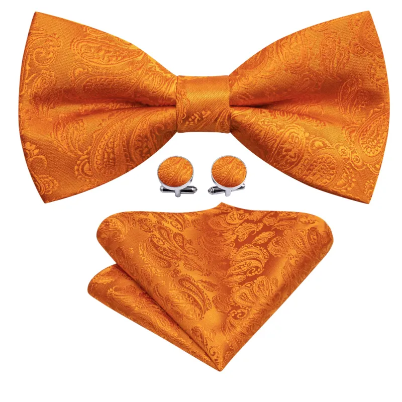 Orange Paisley Silk Bow Tie Hanky Cufflinks Set sold by Barrywang