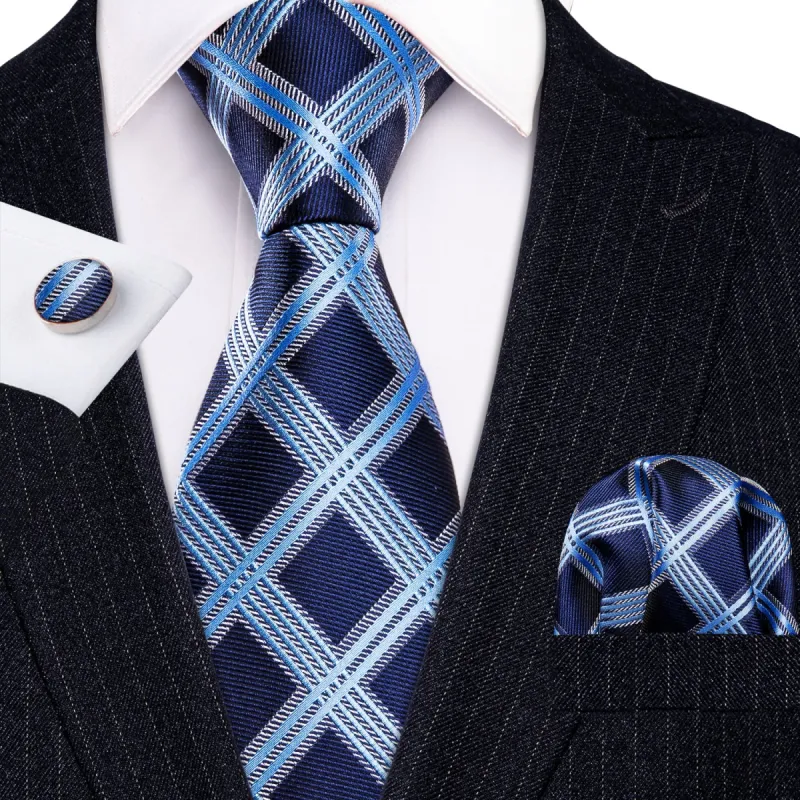 Barry. Wang Dark Blue Tie Sky Blue Checkered Tie Hanky Cufflinks Set sold by Barrywang