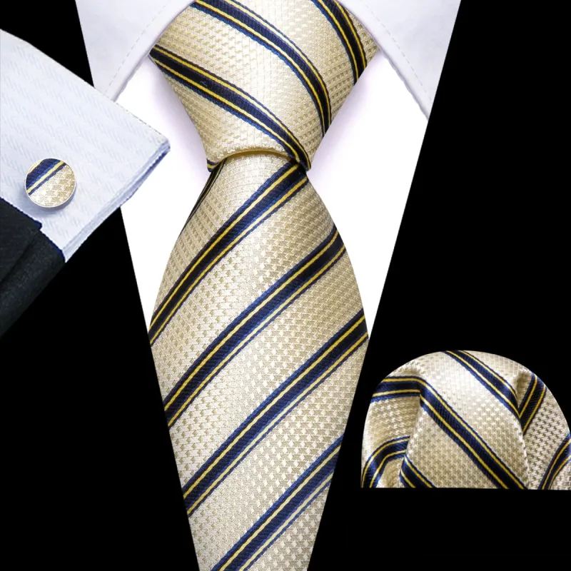 Barry. Wang Beige Dark Blue Stripes Men Tie Handkerchief Pocket Set sold by Barrywang