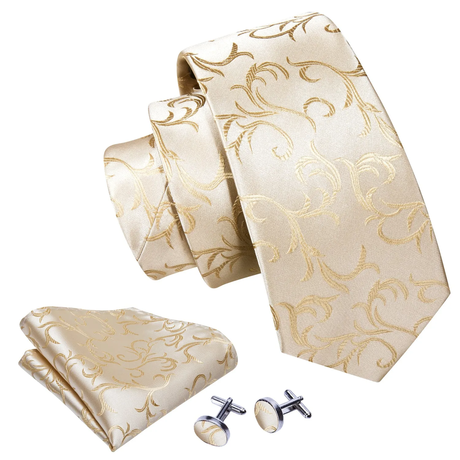 Barry.Wang Floral Tie Champagne Silver Tie Pocket Square Cufflinks Set sold by Barrywang product image thumbnail 4