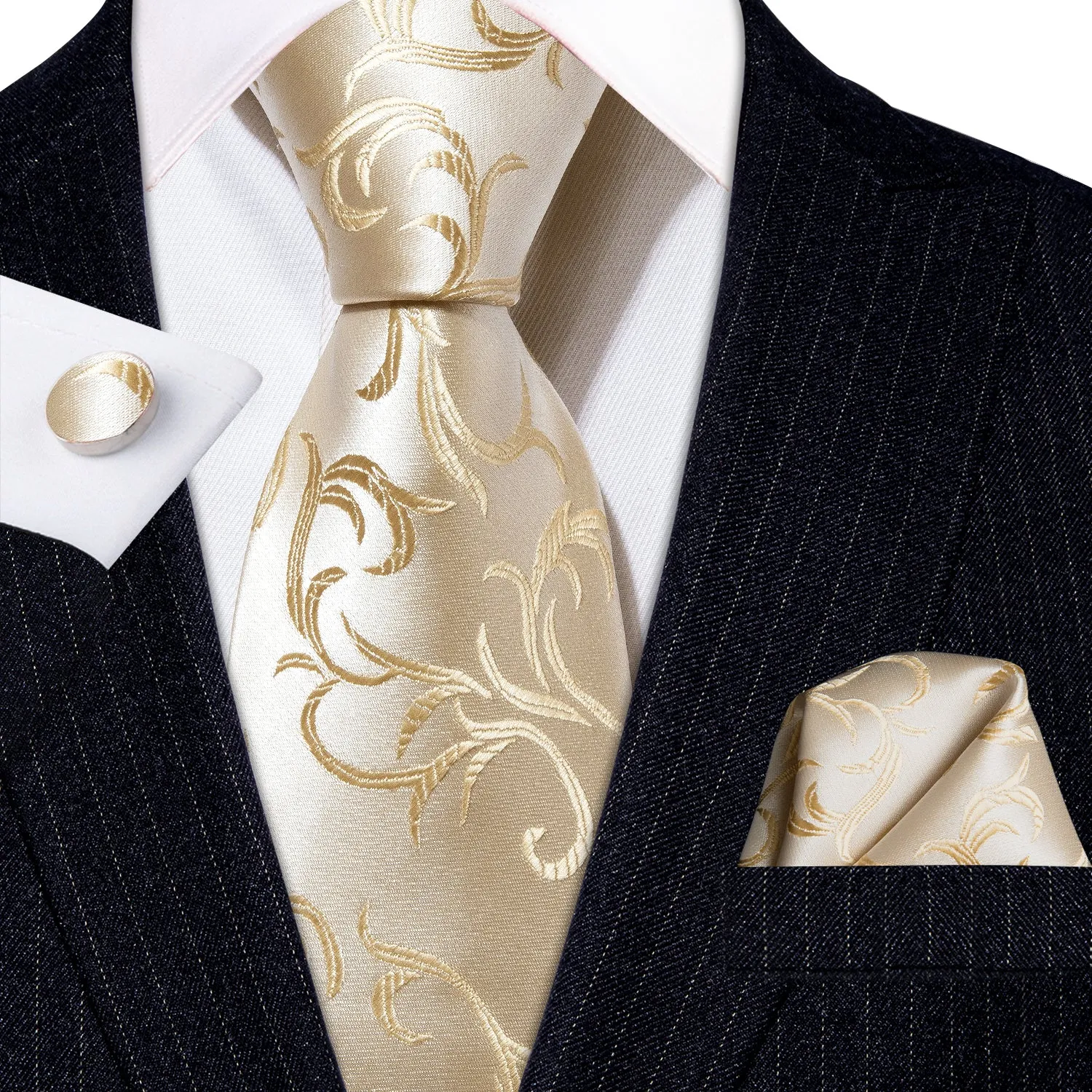 Barry.Wang Floral Tie Champagne Silver Tie Pocket Square Cufflinks Set sold by Barrywang