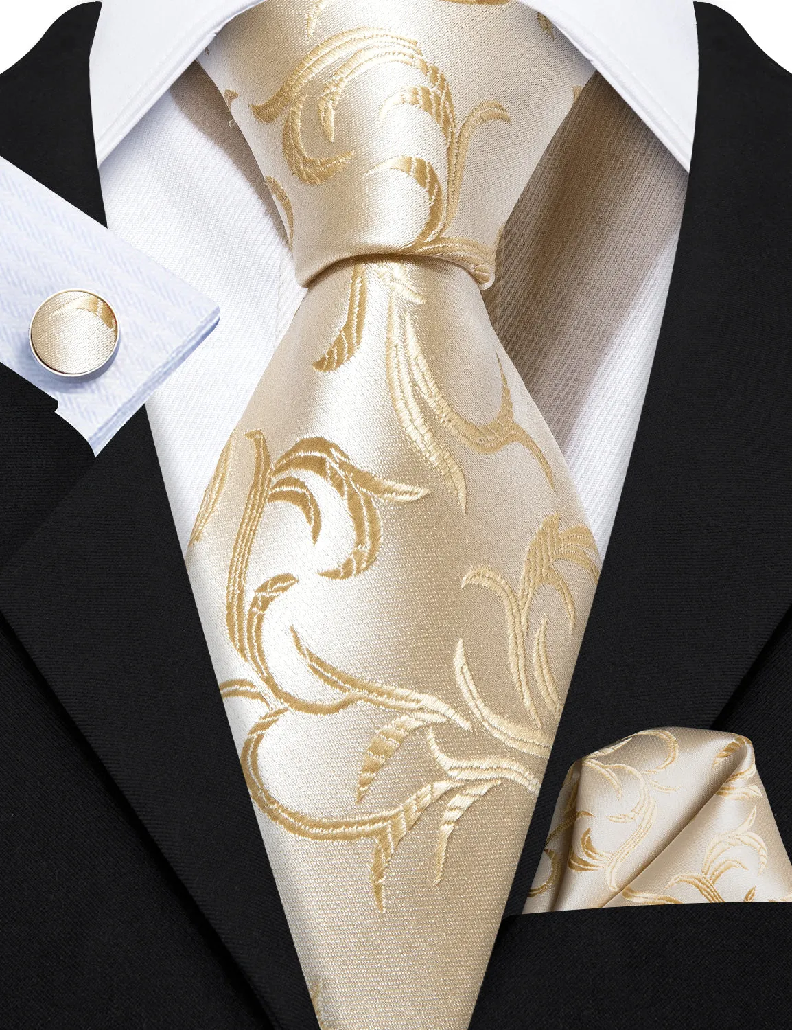 Barry.Wang Floral Tie Champagne Silver Tie Pocket Square Cufflinks Set sold by Barrywang product image thumbnail 3