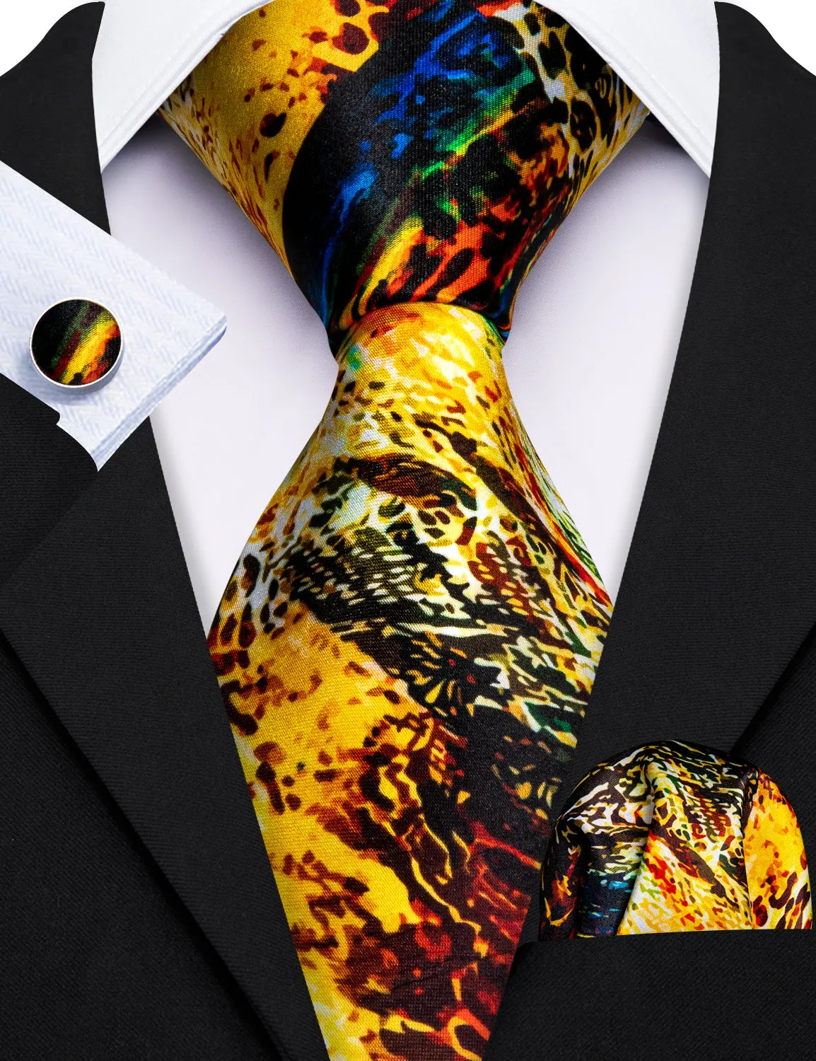 Barry Wang Golden Black Novelty Print Silk Tie Hanky Cufflinks Set sold by Barrywang product image thumbnail 2