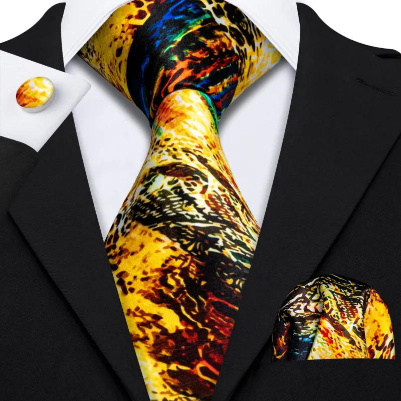 Barry Wang Golden Black Novelty Print Silk Tie Hanky Cufflinks Set sold by Barrywang