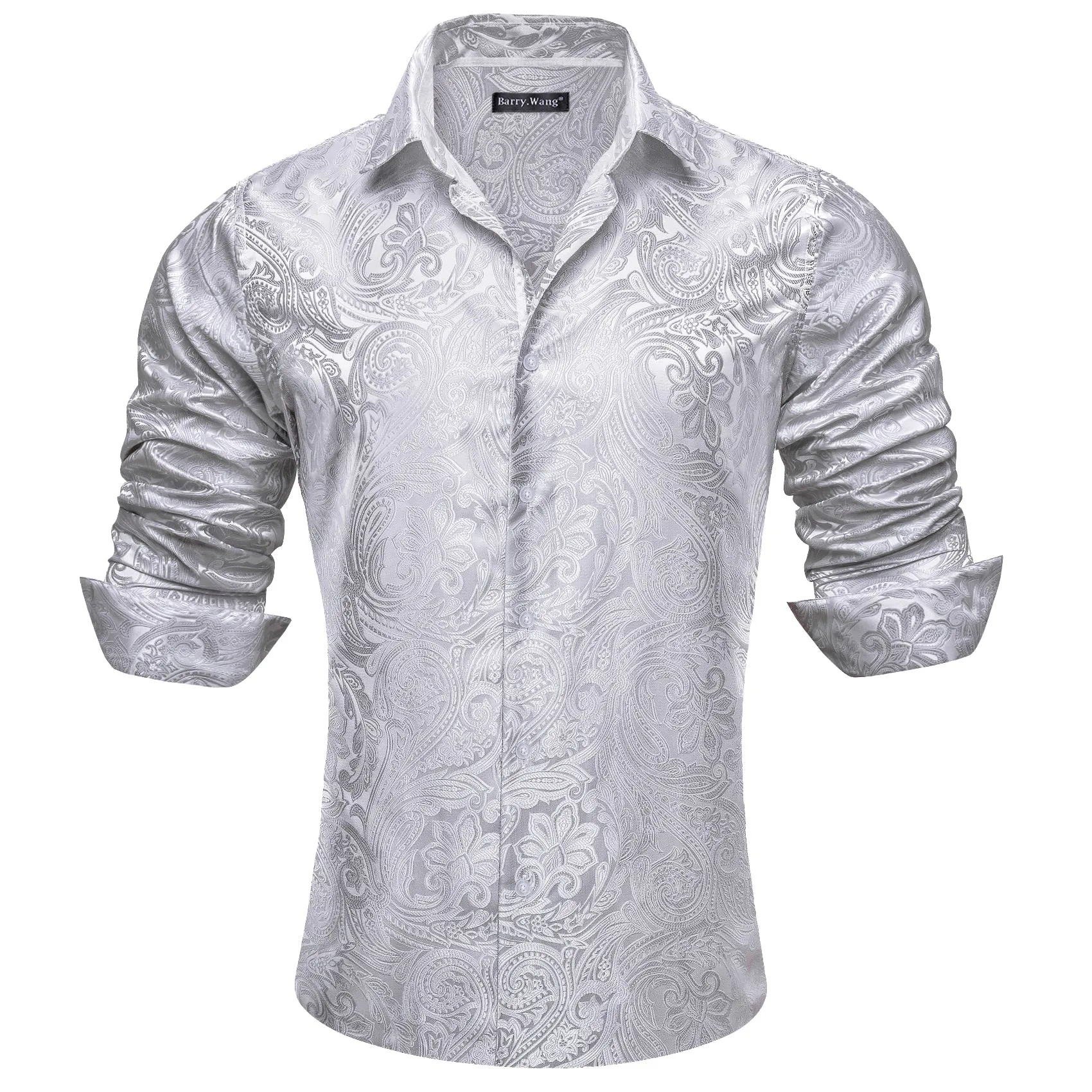Barry. Wang Button Down Shirt Grey Silver Paisley Men's Silk Shirt sold by Barrywang product image thumbnail 4